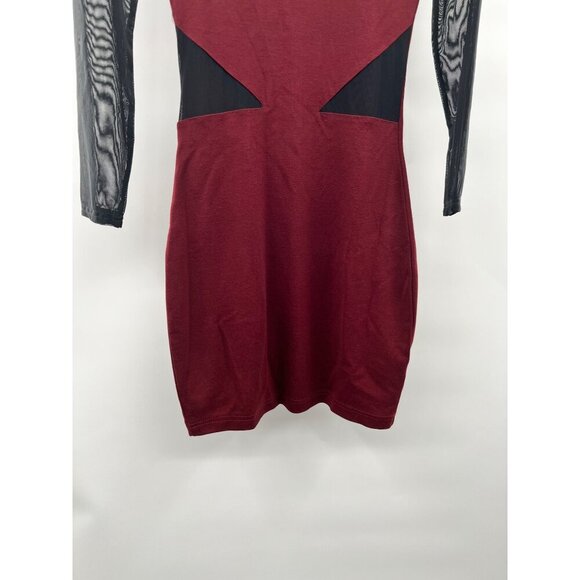 French Connection Bodycon Mini Dress Long Mesh Sleeve Maroon/Black Size 2 - Picture 3 of 9